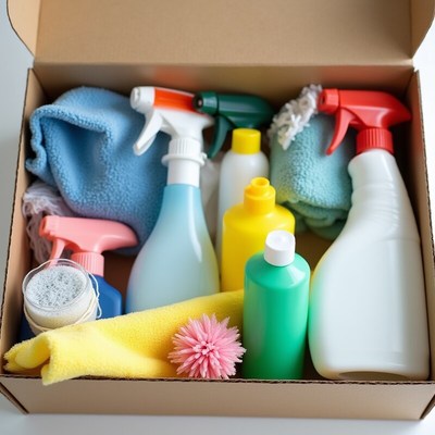 Cleaning supplies in a box