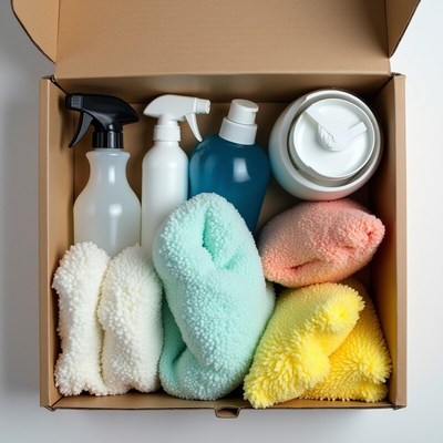 Cleaning supplies in a box
