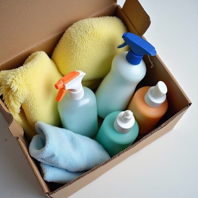Cleaning supplies in a box