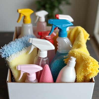 Cleaning supplies in a box for home tasks