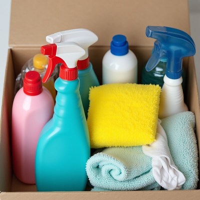 Cleaning supplies in a cardboard box