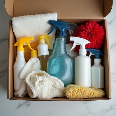 Cleaning supplies in a cardboard box