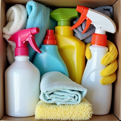 Cleaning supplies in a box