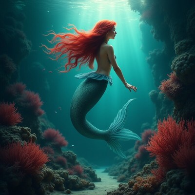 Mermaid swimming underwater in coral