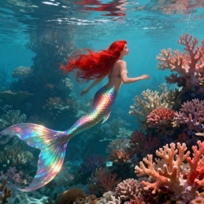 Mermaid swimming in coral reef
