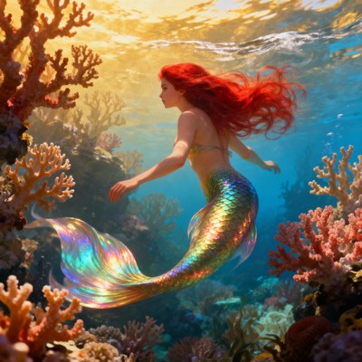 Mermaid swimming in coral reef