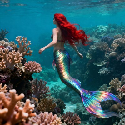 Mermaid swimming in coral reef