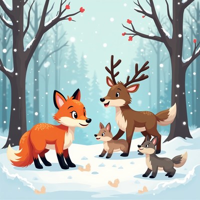 Animals in winter forest scene
