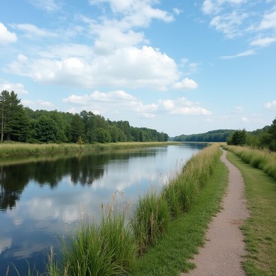 Calm river with path and trees
