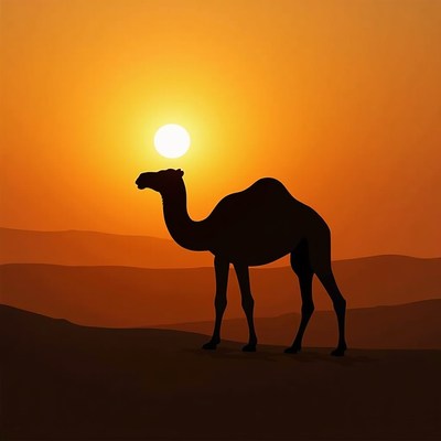 Camel stands against desert sunset
