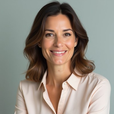 Smiling woman with brown hair in studio