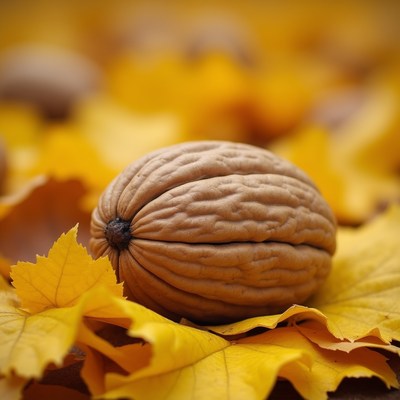 Walnut on yellow leaves in autumn