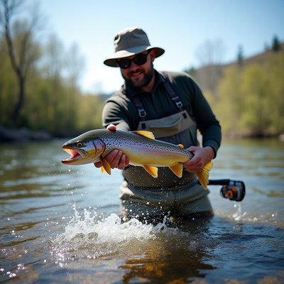 Man displays trout caught in river