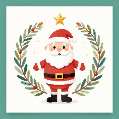 Santa with a holiday wreath and star