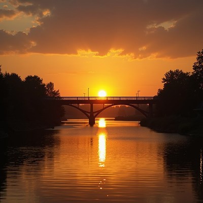 Sunset over the river bridge