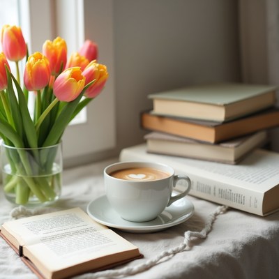 Coffee cup with tulips and books