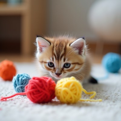 Kitten playing with yarn balls