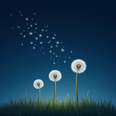 Dandelion seeds float in night sky
