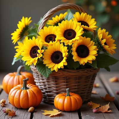 Sunflowers and pumpkins in a basket