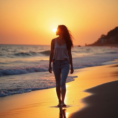 Woman walking on beach at sunset