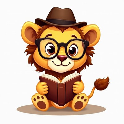 Lion reading a book in a hat
