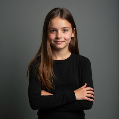 Girl standing with arms crossed indoors