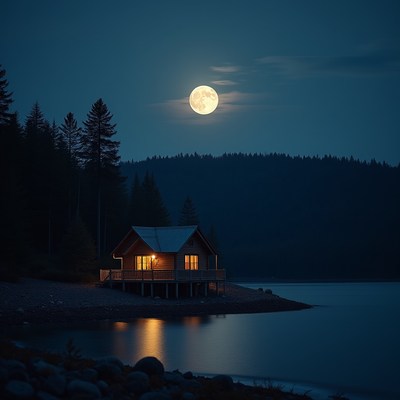 Full moon over cabin by lake