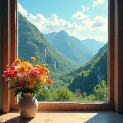 Flowers on window with mountain view