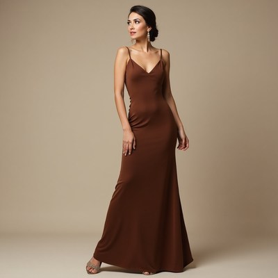 Model in brown dress during studio shoot