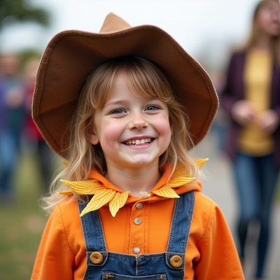 Young child dressed as scarecrow at festival