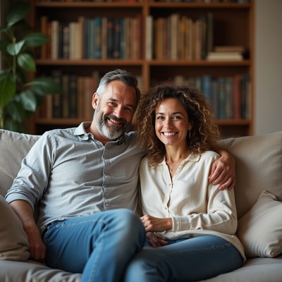 Couple sits together on sofa