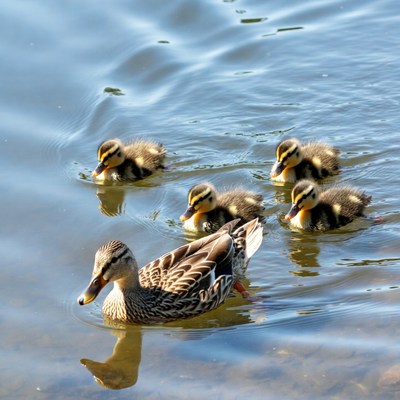Mother duck and her ducklings swim