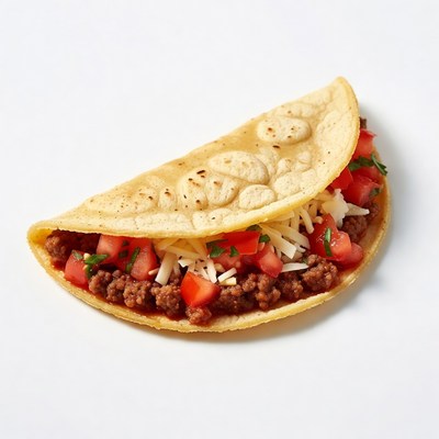 Taco with meat and toppings on white plate