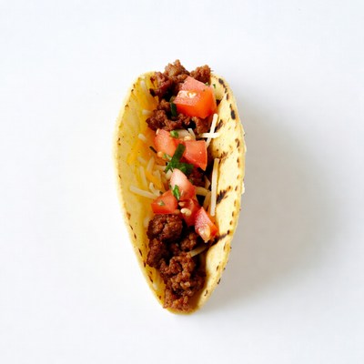 Taco with meat and toppings ready to eat