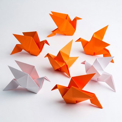 Colorful origami birds on display