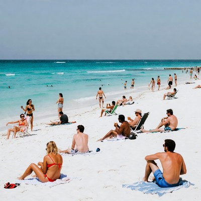 Beach day with sunbathers and swimmers