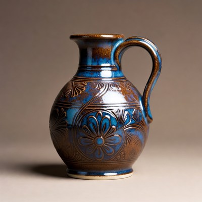 Handcrafted pottery jug with floral design