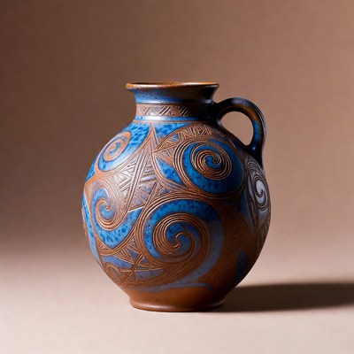 Unique pottery with blue design on display