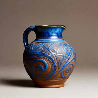 Blue pottery pitcher with patterns