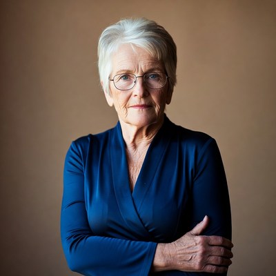 Senior woman standing in blue clothing