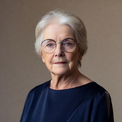 Elderly woman in glasses stands still