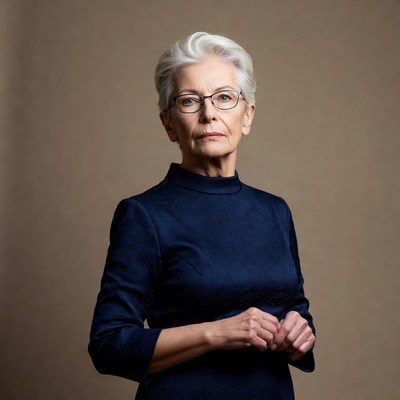 Older woman stands with hands together