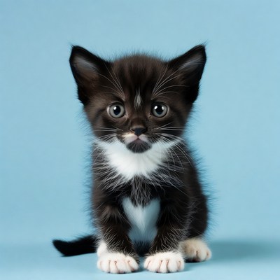 Cute black and white kitten on blue background