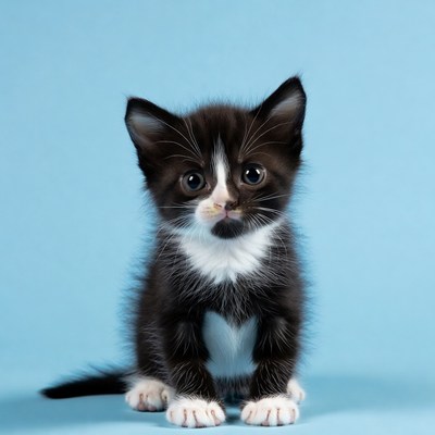 Black and white kitten on blue background