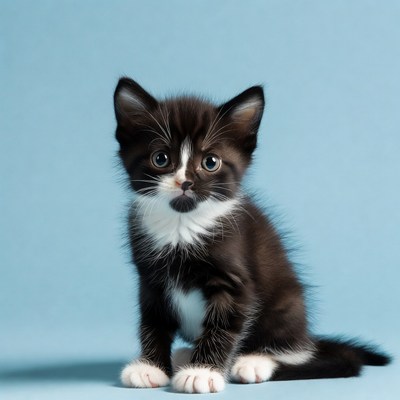 Black and white kitten on blue background