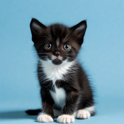 A black and white kitten sits on a blue background
