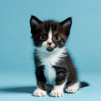 Cute black and white kitten on blue background