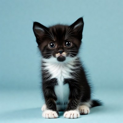 Cute black and white kitten sits