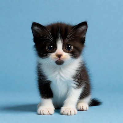 Cute kitten on blue backdrop