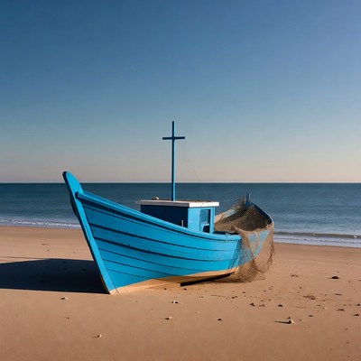 Blue boat on sandy beach with clear sky